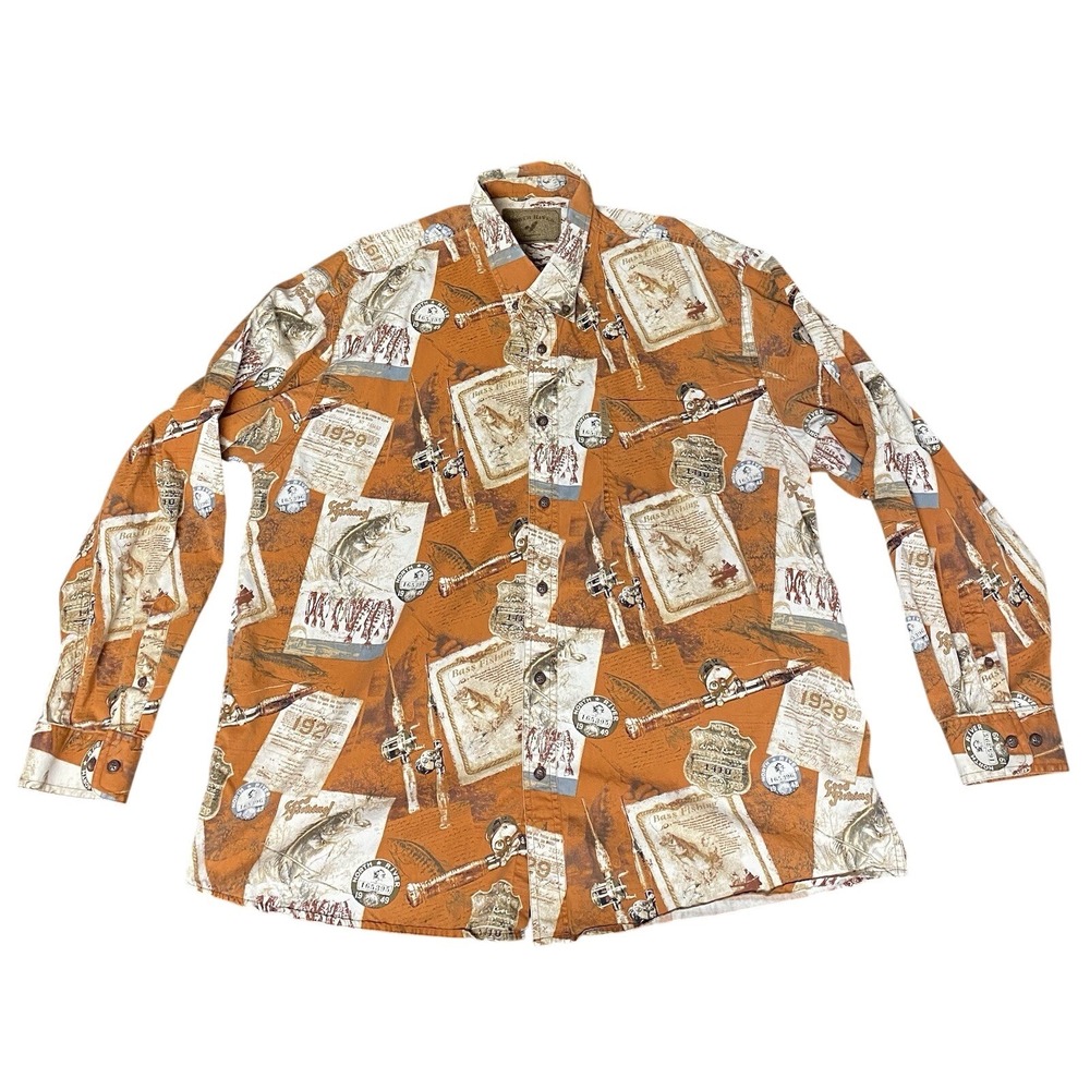 North River Mens XL Bass Fishing‎ Print Button Up Shirt Outdoor